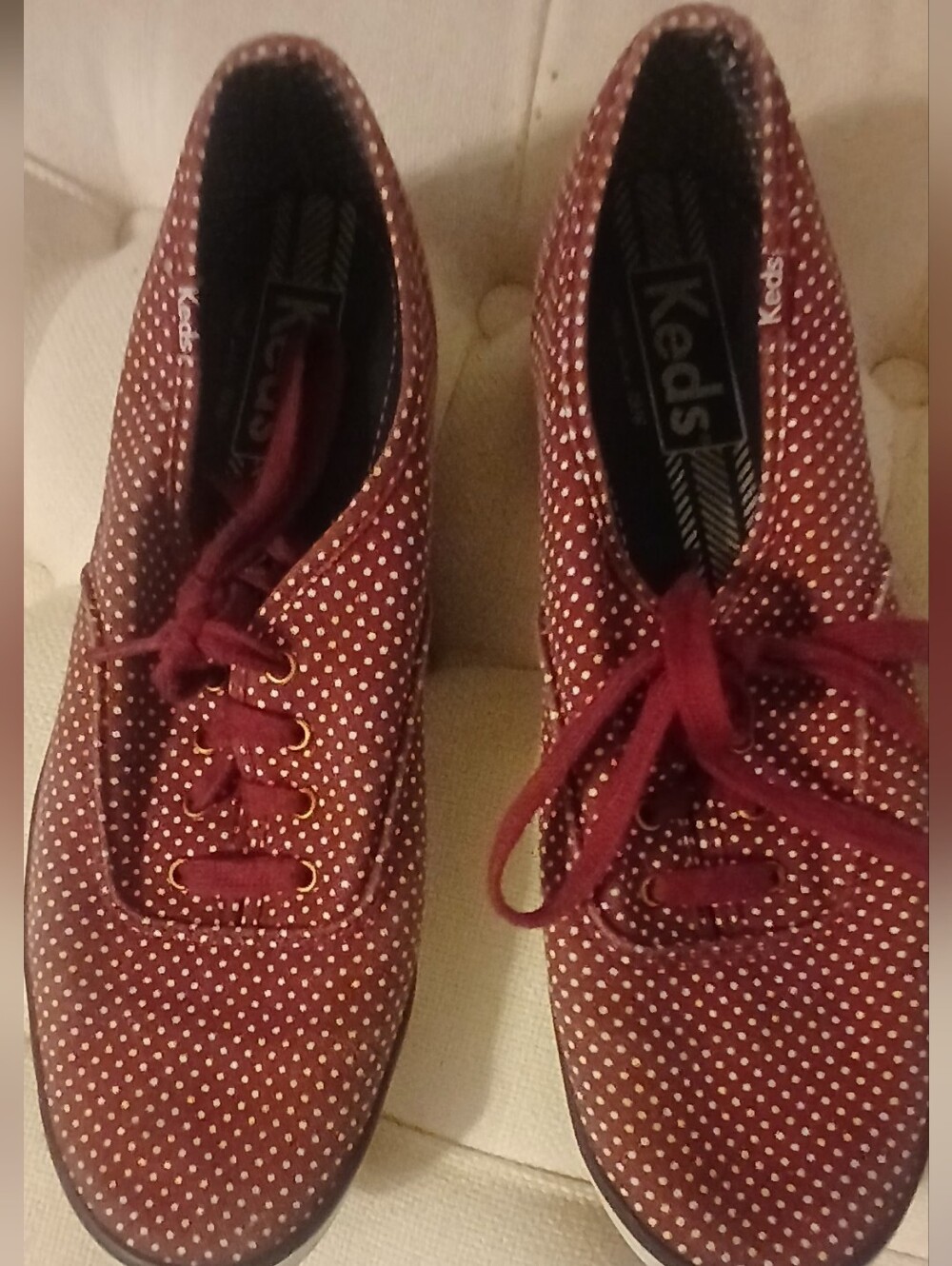 Keds Women's Burgundy Polka Dot Sneakers with Gold Eyelets Sz 9.5